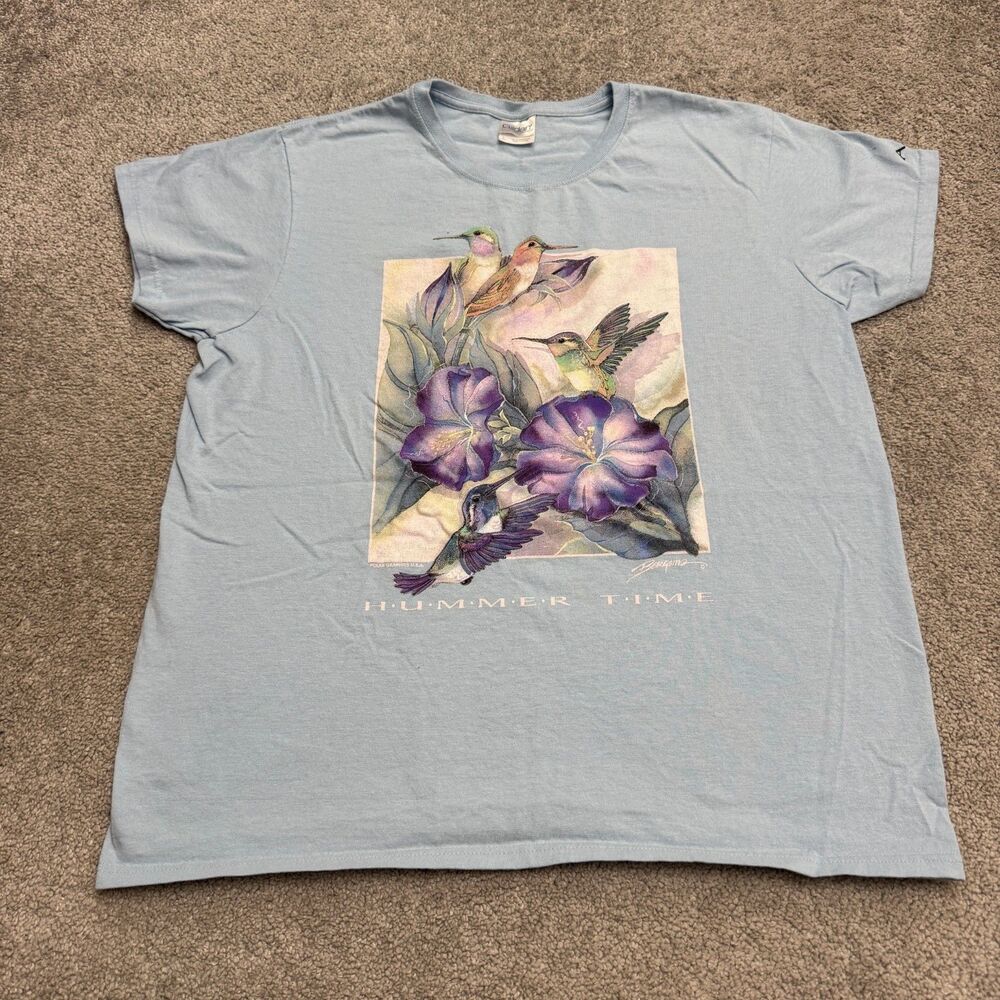 Gildan Bergsma Hummer Time Alaska Hummingbird T-Shirt Womens Large Blue Tee Top